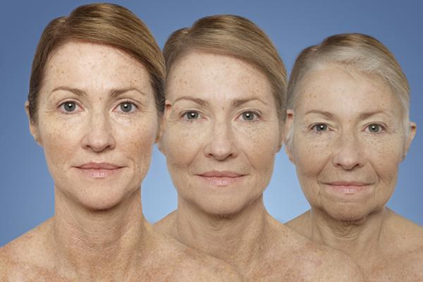 Multiple images show the same woman advancing through middle age to senior age.