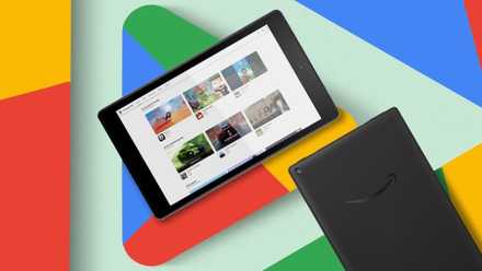 An Amazon Fire tablet over of the Play Store logo.