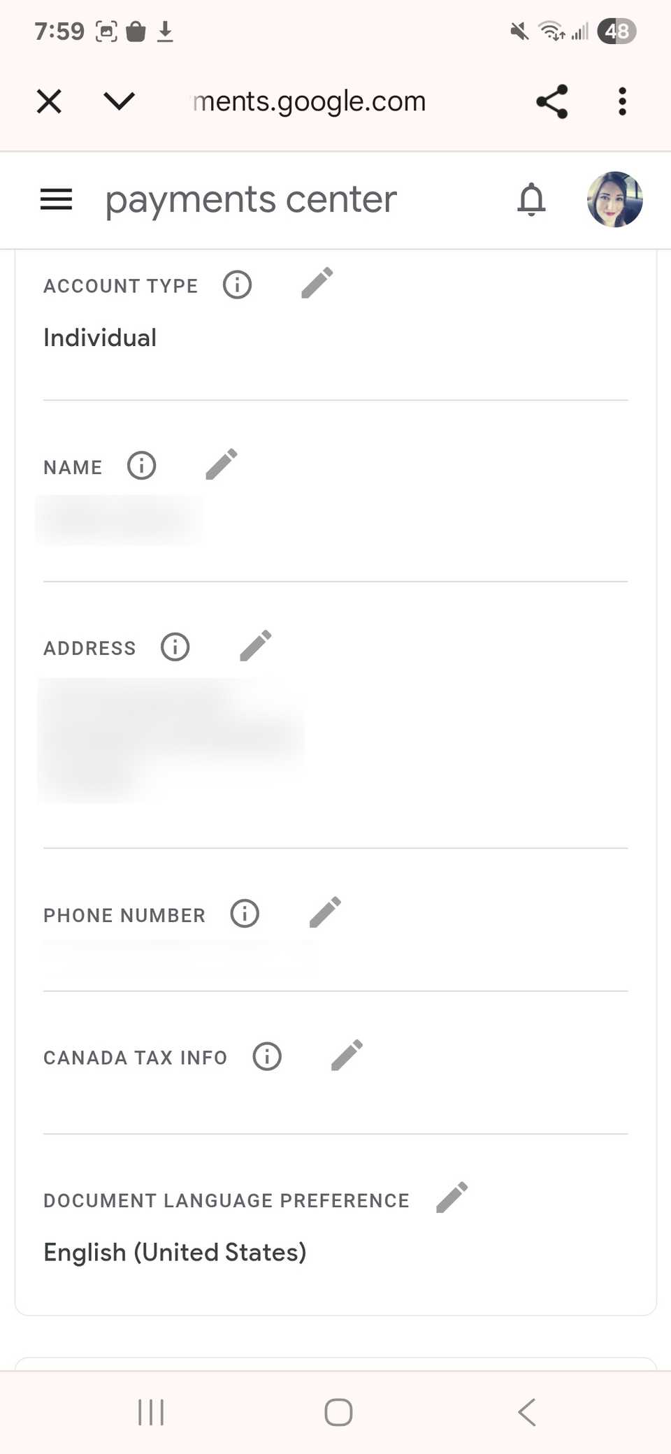 Edit Google Wallet account details with a list of options and edit icons next to them