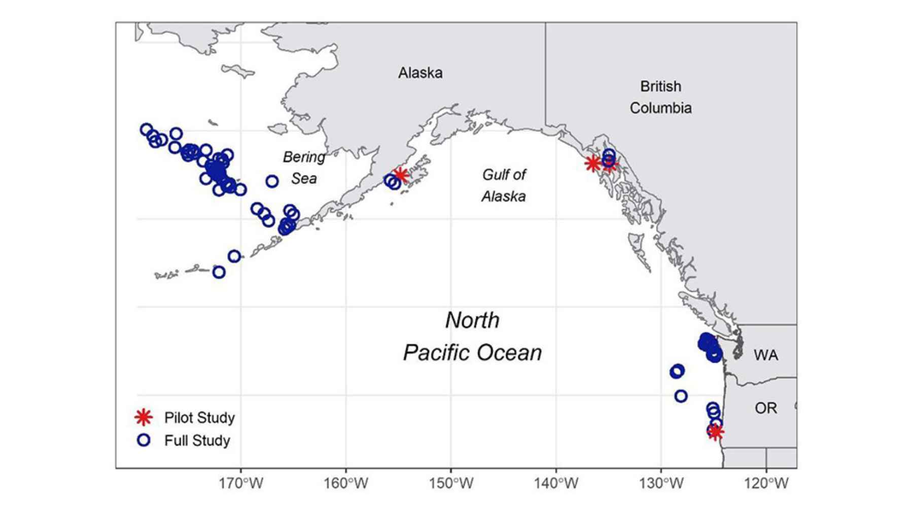 Map showing Greenland shark study locations across the North Pacific, Alaska, and Arctic waters