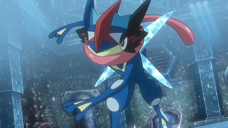 Greninja in Ash-Greninja form skating on ice in the Pokemon anime