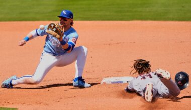 Cleveland Guardians' Jose Ramirez (11) is caught stealing second by Kansas City Royals shortstop Bobby Witt Jr. during the fourth inning of a baseball game Thursday, May 7, 2026, in Kansas City, Mo. (AP Photo/Charlie Riedel)