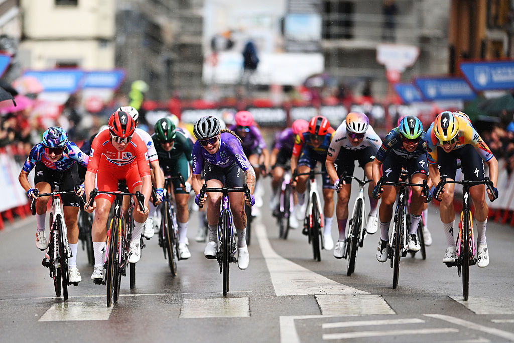 ASTORGA, SPAIN - MAY 07: A general view of Agnieszka Skalniak-Sojka of Poland and Team CANYON//SRAM zondacrypto, Lotte Kopecky of Belgium and Team SD Worx - Protime - Red Leader Jersey, Letizia Paternoster of Italy and Team Liv AlUla Jayco, Shari Bossuyt of Belgium and Team AG Insurance - Soudal and Mischa Bredewold of Netherlands and Team SD Worx - Protime sprint at finish line to win during the 12th La Vuelta Femenina 2026, Stage 5 a 119.6km stage from Leon to Astorga / #UCIWWT / on May 07, 2026 in Astorga, Spain. (Photo by Szymon Gruchalski/Getty Images)