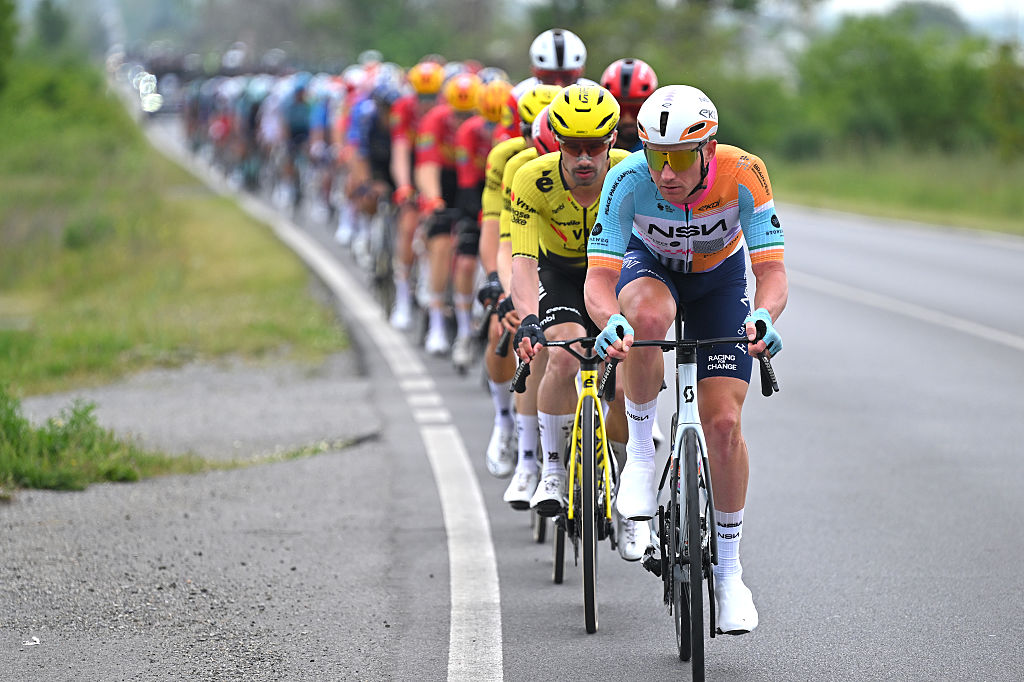 VELIKO TARNOVO, BULGARIA - MAY 09: Ryan Mullen of Ireland and Team NSN Cycling leads the peloton during the 109th Giro d&amp;apos;Italia 2026, Stage 2 a 221km stage from Burgas to Veliko Tarnovo / #UCIWT / on May 09, 2026 in Veliko Tarnovo, Bulgaria. (Photo by Tim de Waele/Getty Images)