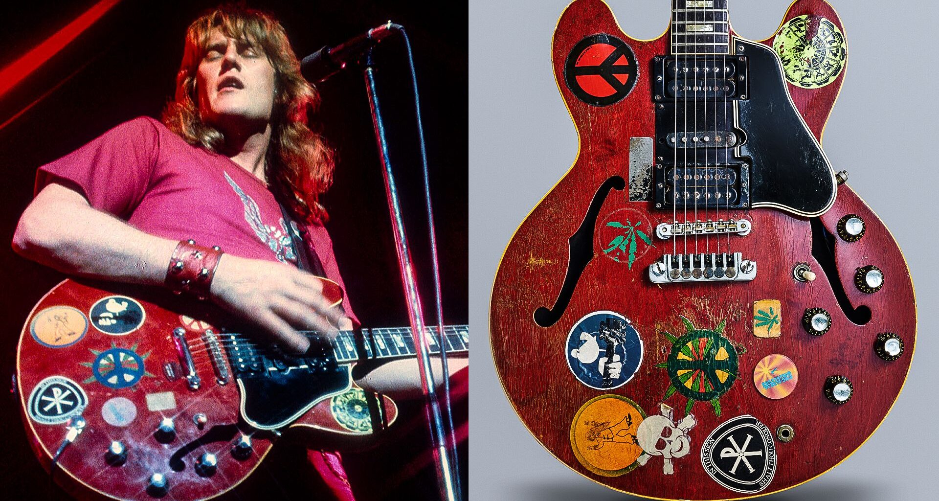 LEFT: Alvin Lee onstage with Ten Years After in 1970. RIGHT: A vintage 1958 Gibson ES-335 electric guitar nicknamed ÔBig RedÕ, previously owned by English musician and Ten Years After guitarist Alvin Lee, taken on May 21, 2019.