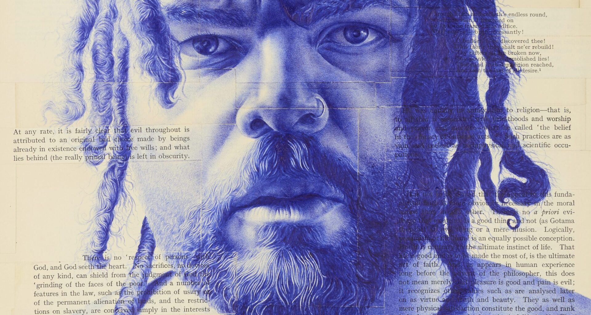 A blue ballpoint pen drawing of a man