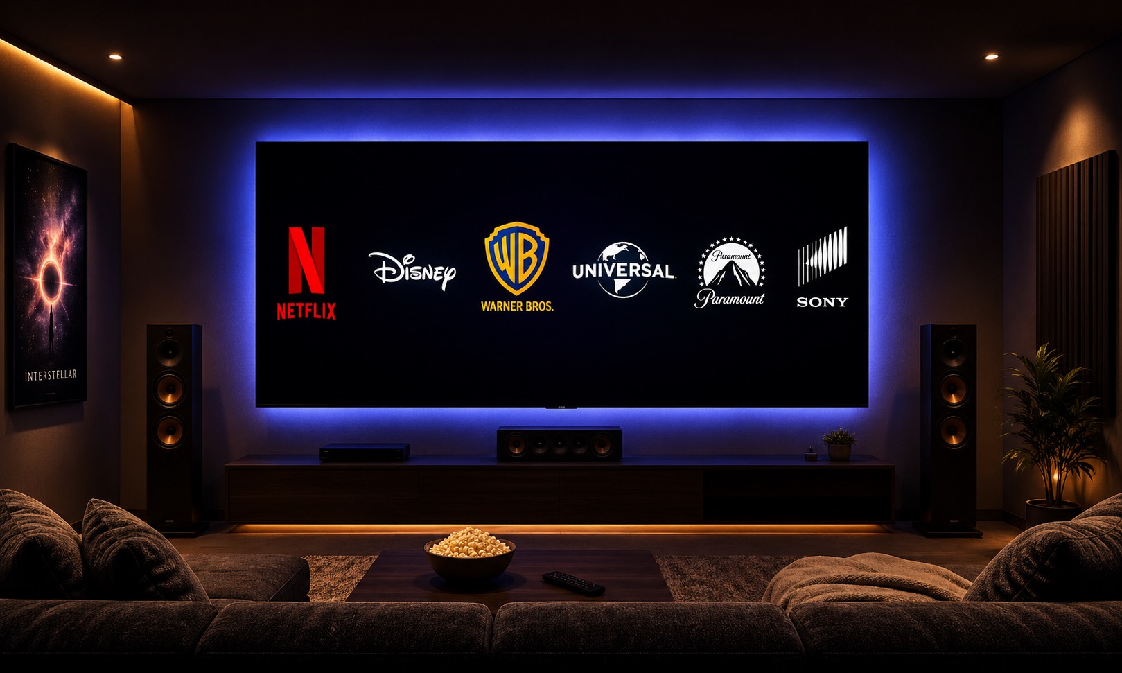 Home theater with a large screen showing Netflix, Disney, Warner Bros., Universal, Paramount, and Sony logos, with blue ambient backlight and speakers nearby.