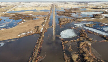 A drone photograph of the extensive flooding that closed Highway 5 west of Buchanan.