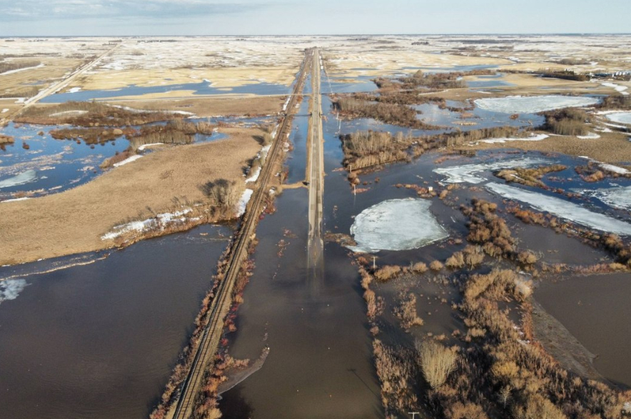 A drone photograph of the extensive flooding that closed Highway 5 west of Buchanan.
