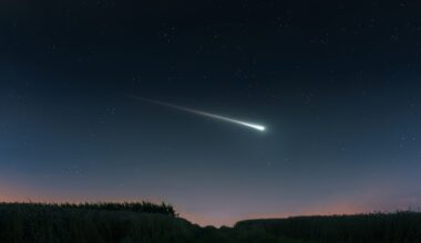 A bright comet streaks across a star-filled night sky above a dark landscape.
