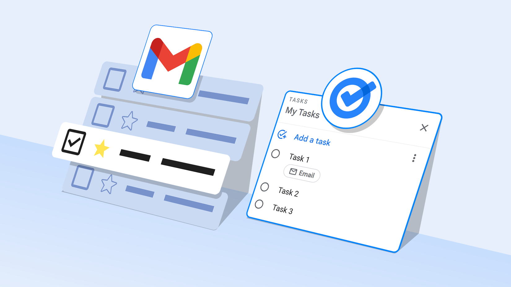 Illustration of Gmail and Google Tasks interfaces side-by-side, showing an email being converted into a checklist item.