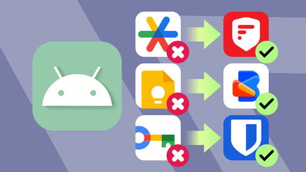 Illustration showing Android’s default app icons with a red X being replaced by alternative apps with green check marks.