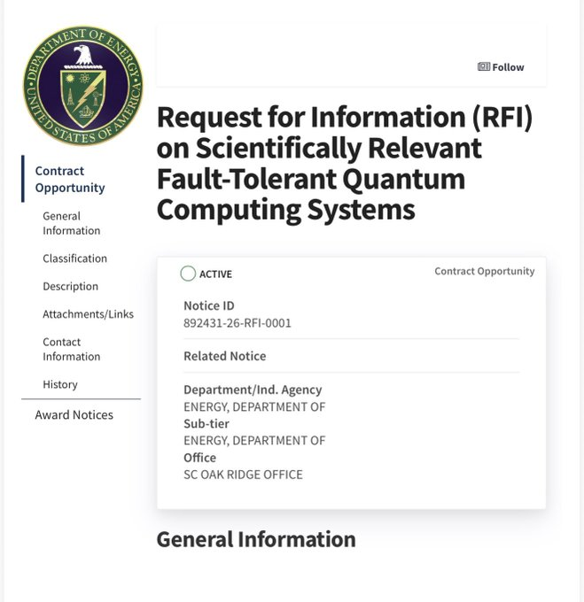 U.S. Department of Energy Issues RFI for 2028 Fault-Tolerant Quantum Computer
