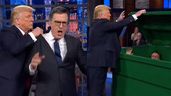 Donald Trump posted an AI video of him tossing Stephen Colbert in a dumpster.