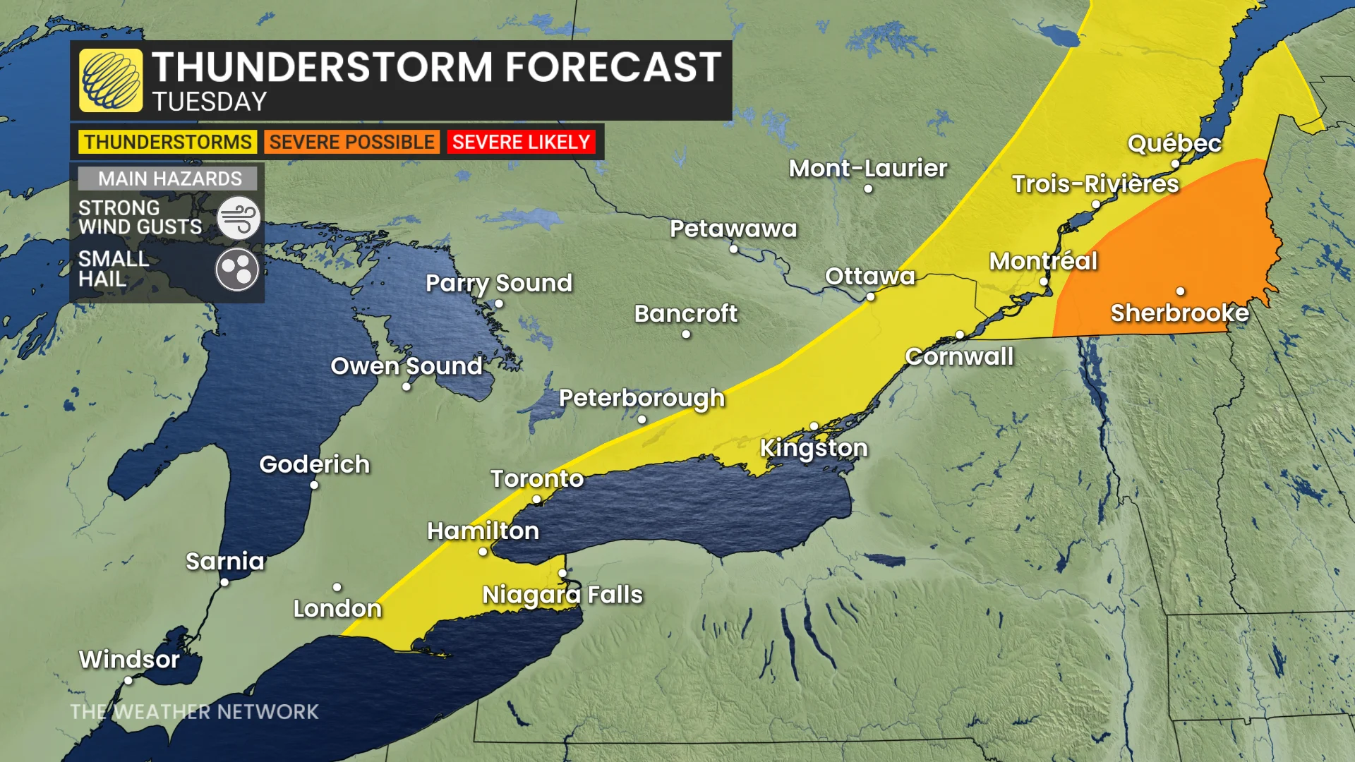 Ontario and Quebec storm risk map Tuesday