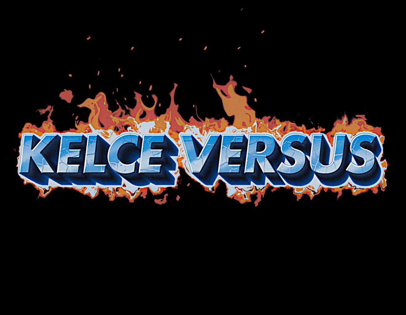 Logo-style text reading 'KELCE VERSUS' in blue 3D letters with orange flames around it on a black background.