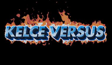 Logo-style text reading 'KELCE VERSUS' in blue 3D letters with orange flames around it on a black background.