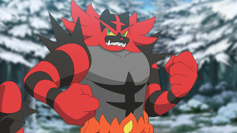 Incineroar flexing in a snowy forest in the Pokemon anime