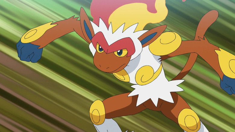 Infernape with its arms outstretched in front of action lines in the Pokemon anime