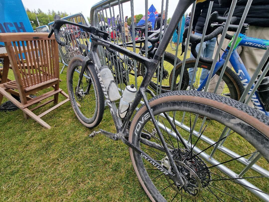 A black and white Specialized S-Works gravel bike at the Gralloch gravel race