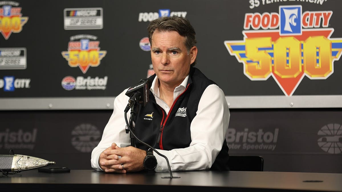 NASCAR Hall of Famer Jeff Gordon speaking at a press conference at Bristol Motor Speedway