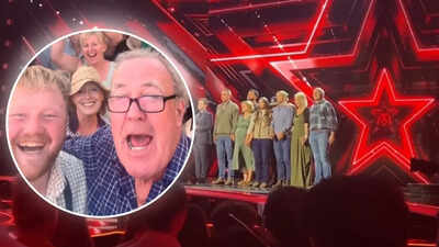 'Britain's Got Talent': TV presenter Jeremy Clarkson celebrates Hawkstone Farmers Choir's semi-final win; cheers with crowd at farm fest