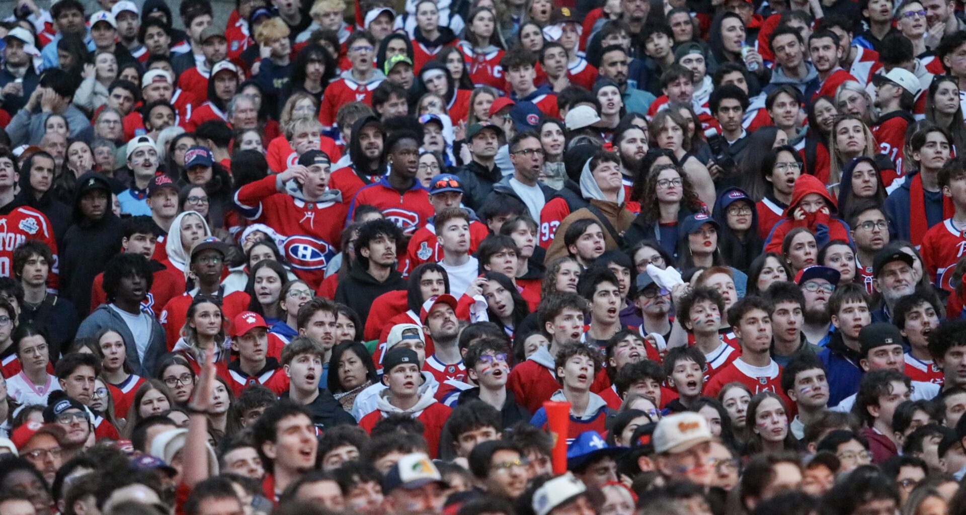 Canadiens fans react at a viewing party outside the Bell Centre in Montreal.