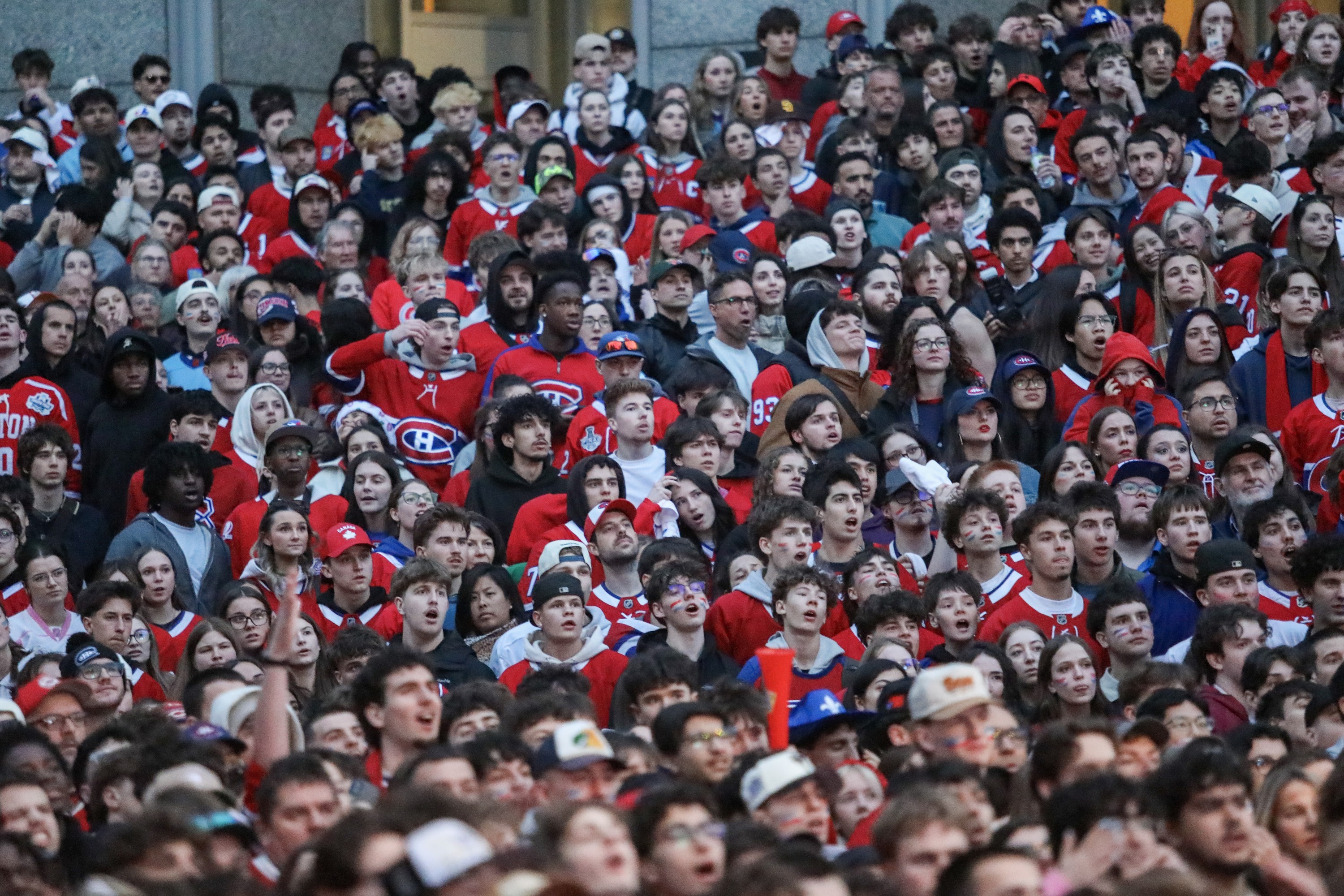 Canadiens fans react at a viewing party outside the Bell Centre in Montreal.