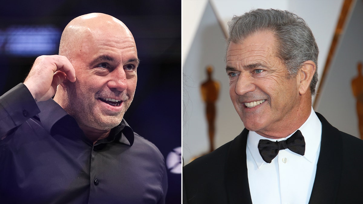Split photo of Joe Rogan and Mel Gibson.
