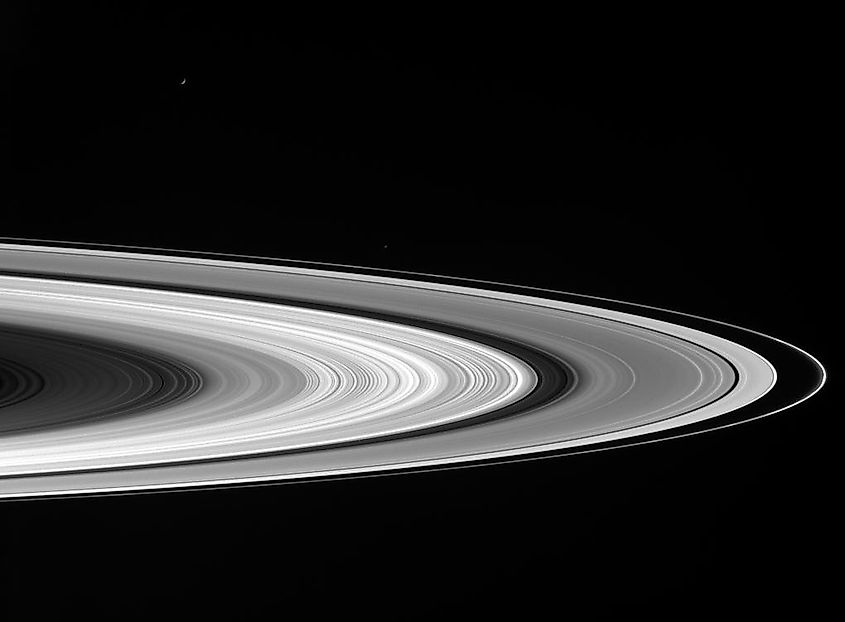 Saturn's bright sunlit rings, photographed by the Cassini orbiter on its long-term mission in the Saturn system from 2004 to 2017, the source of most current data on Titan.