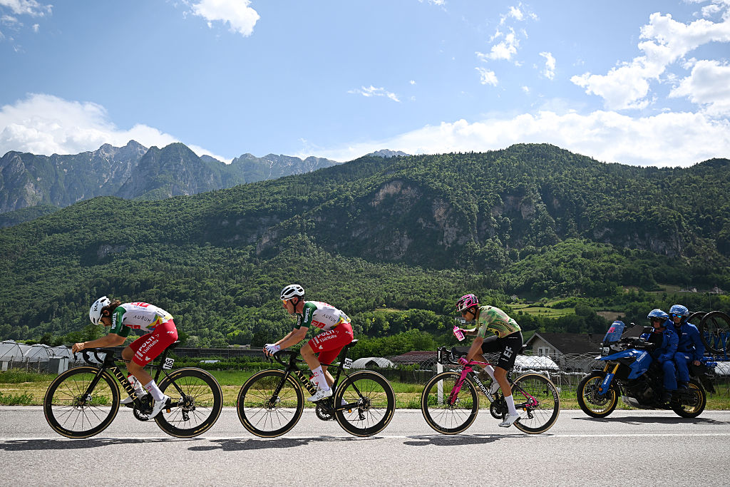 PIEVE DI SOLIGO, ITALY - MAY 28: (L-R) Andrea Mifsud of Malta, Mattia Bais of Italy and Team Polti VisitMalta and James Shaw of Great Britain and Team EF Education - EasyPost compete in the breakaway during the 109th Giro d&amp;apos;Italia 2026, Stage 18 a 171km stage from Fai della Paganella to Pieve di Soligo / #UCIWT / on May 28, 2026 in Pieve di Soligo, Italy. (Photo by Tim de Waele/Getty Images)