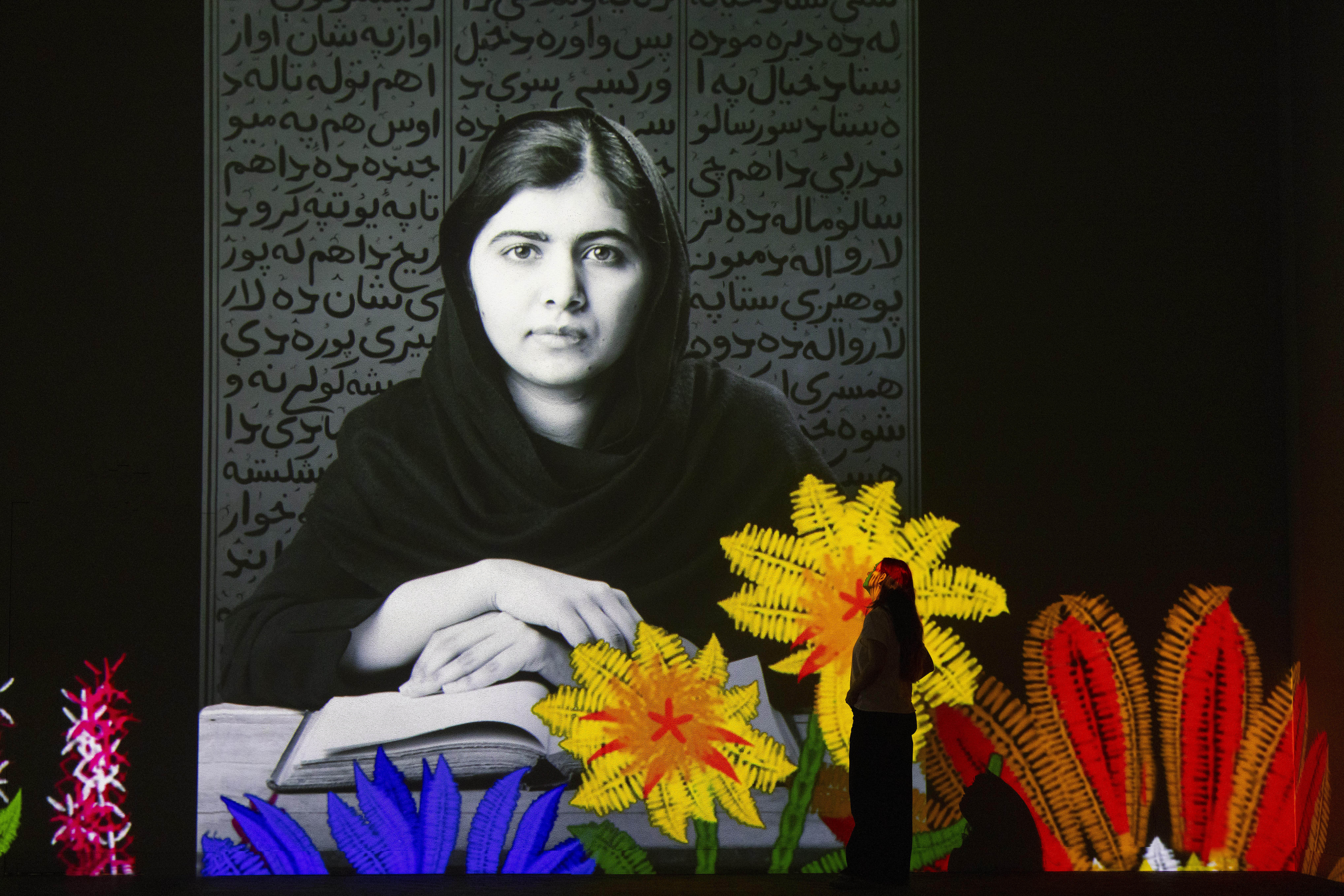 A lone silhouetted figure stands before a giant projected black-and-white portrait of Malala Yousafzai, surrounded by colourful animated flowers and foliage at the base of the image.