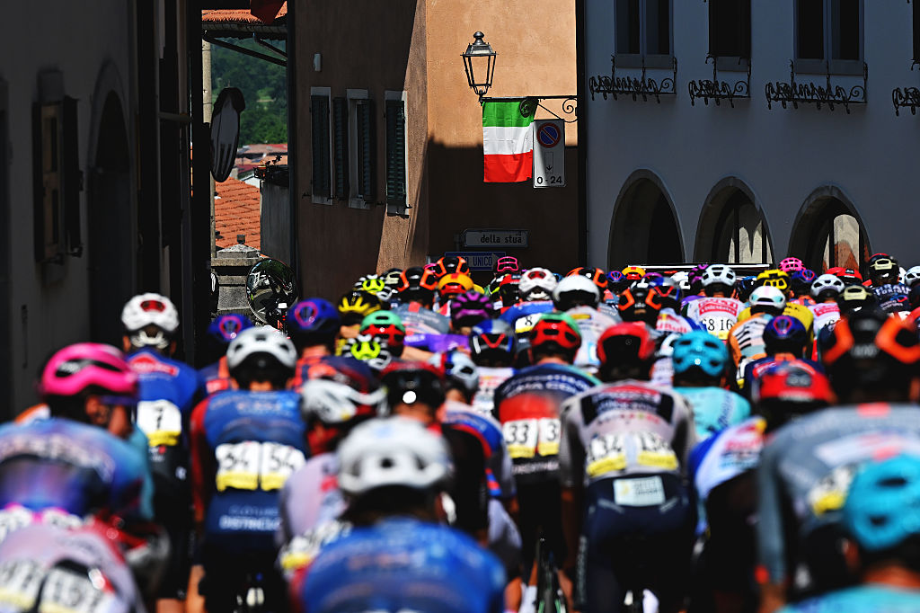 GEMONA DEL FRIULI, ITALY - MAY 30: A general view of the peloton competing prior to the 109th Giro d&amp;apos;Italia 2026, Stage 20 a 200km stage from Gemona del Friuli to Piancavallo 1289m / #UCIWT / on May 30, 2026 in Gemona del Friuli, Italy. (Photo by Tim de Waele/Getty Images)