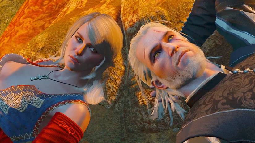 Keira Metz and Geralt in the Witcher 3 lay on the ground with their heads next to each other