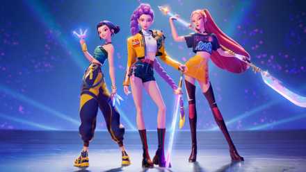 Rumi (Arden Cho), Mira (May Hong), and Zoey (Ji-young Yoo) posing in KPop Demon Hunters.