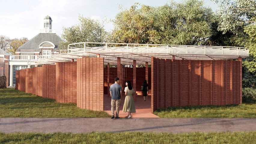 Exterior render of Lanza Atelier's Serpentine Pavilion 2026 in Kensington Gardens with undulating brick walls