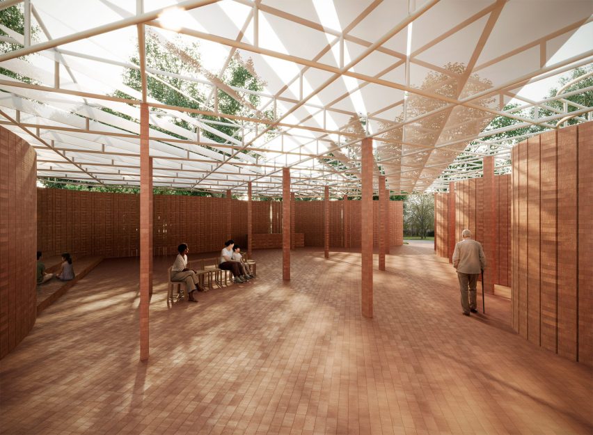 Interior render of the Serpentine Pavilion showing curved brick walls, brick columns and a translucent roof structure