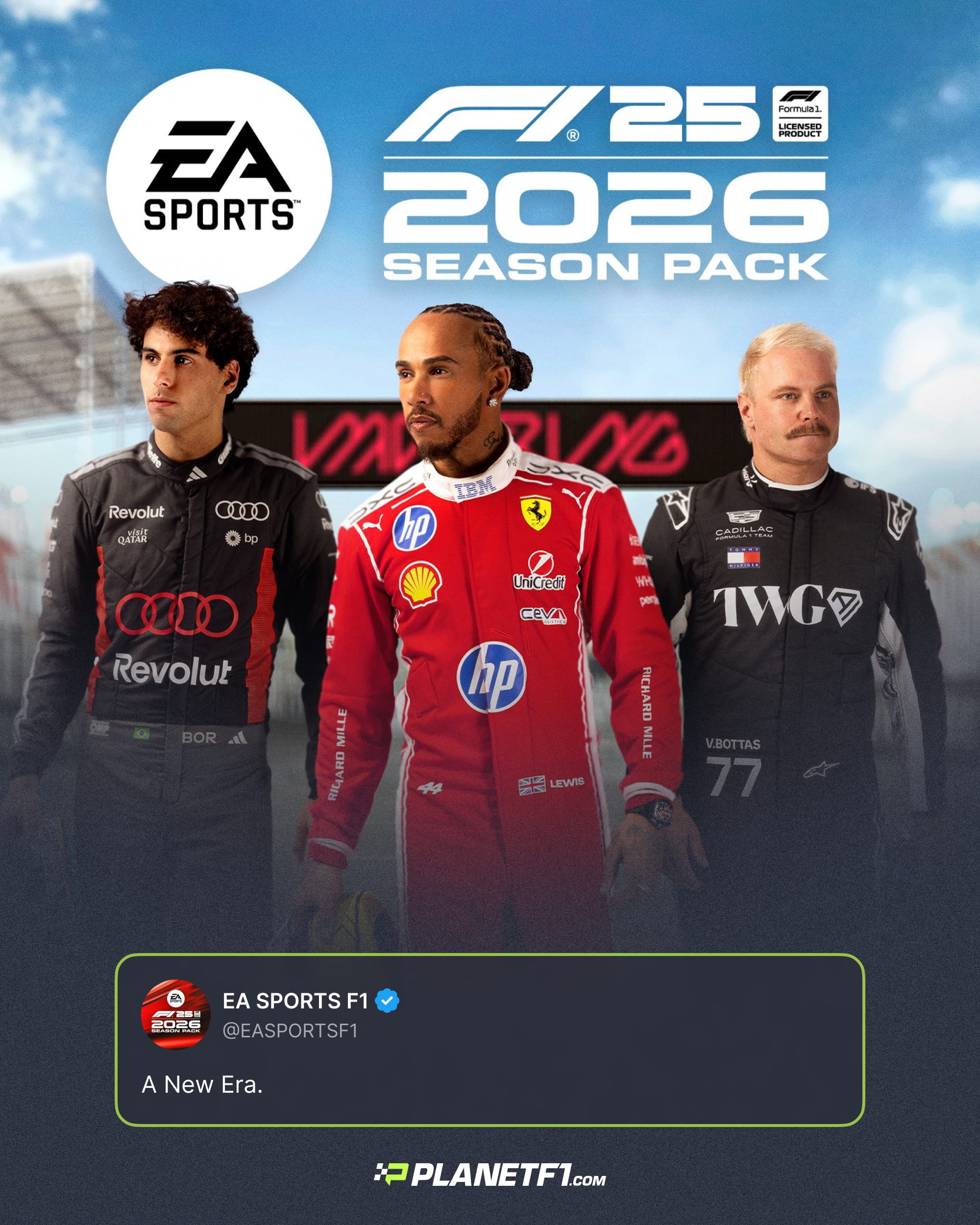 Gabriel Bortoleto, Lewis Hamilton and Valtteri Bottas pose together on the grid for the cover of EA Sports' latest release