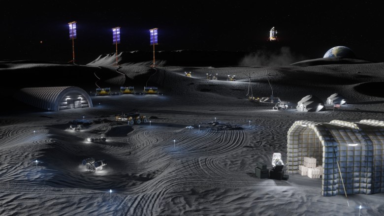 Artist’s rendering depicting lunar surface operations at a future base in the lunar South Pole. Credit NASA