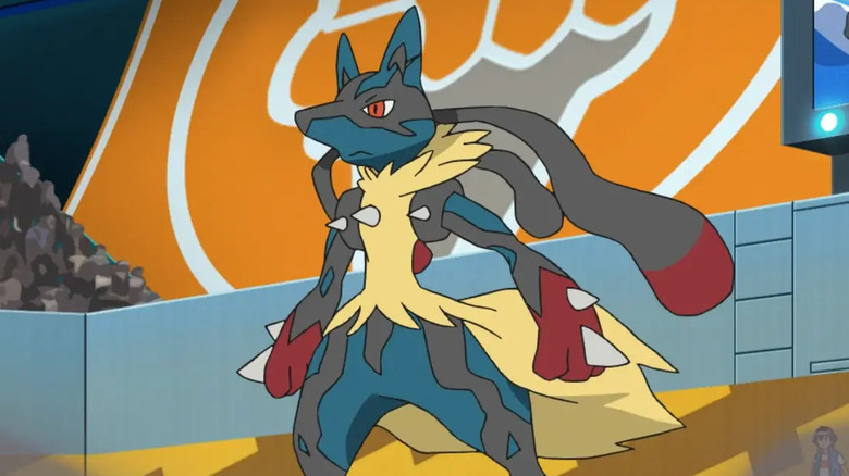 Mega Lucario standing in a stadium in the Pokemon anime