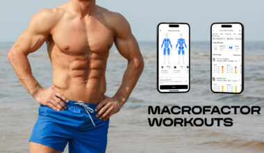 MacroFactor Workouts app next to six pack abs at the beach