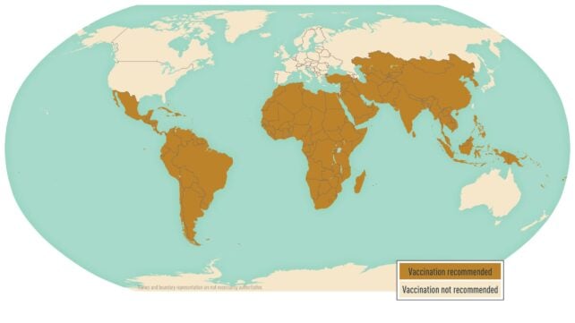 A world map highlighting regions where the typhoid vaccine is recommended. Countries in Africa, South America, Central America, Asia, and many Pacific islands are shaded brown, indicating where the typhoid vaccination is advised. Most countries in North America (except Mexico), most of Europe, and some island nations in the Pacific remain unshaded, meaning the typhoid vaccine is not recommended.