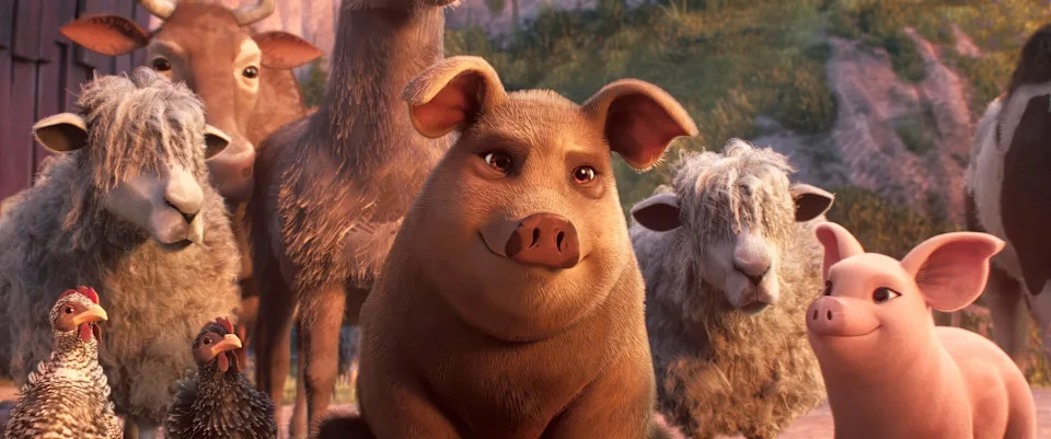 An animated group of farm animals from "Animal Farm."