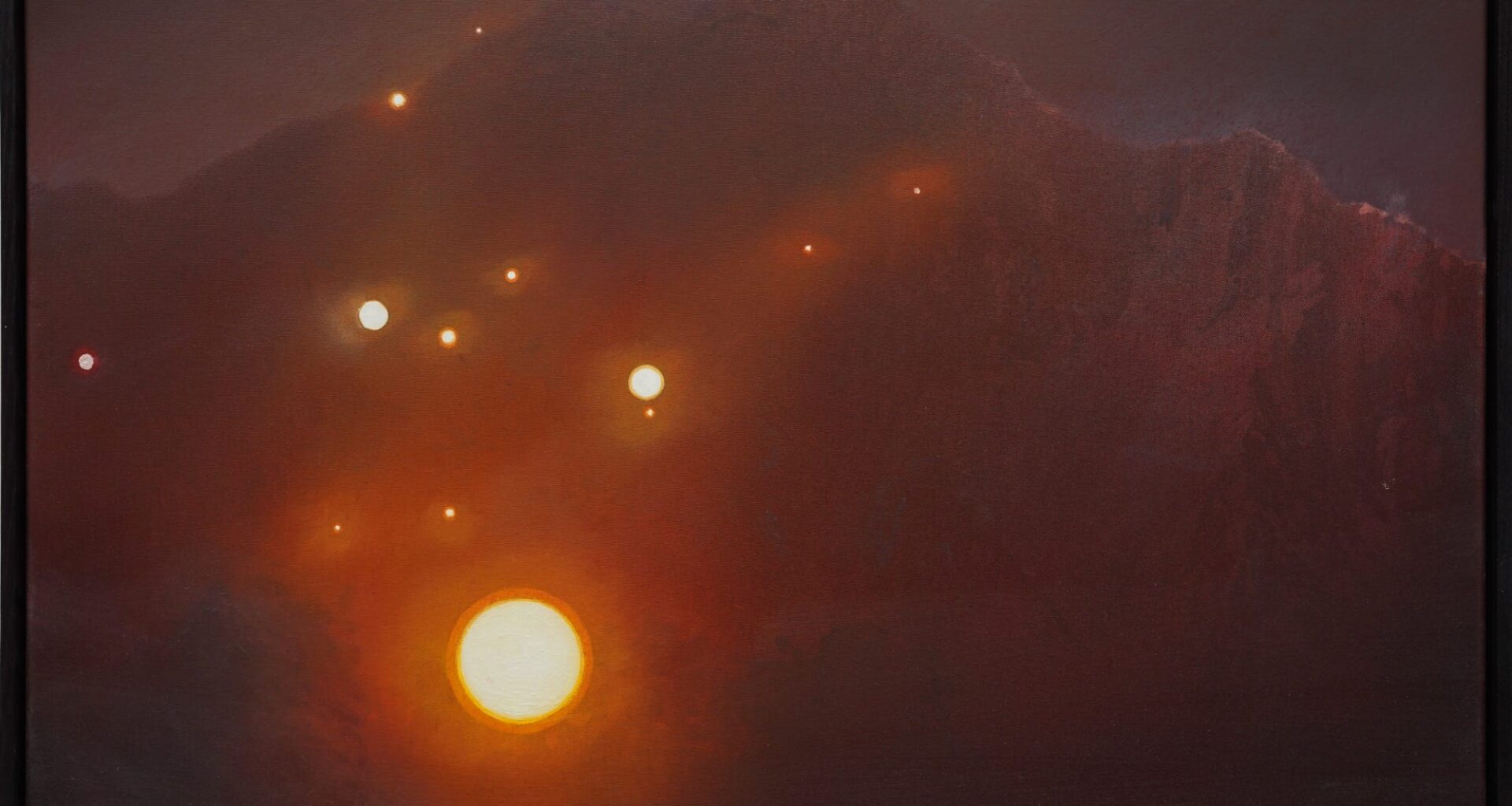 a red landscape painting by Andrew McIntosh with mountains and small glowing orbs