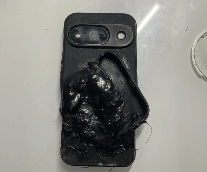 Pixel 9 shows fire damage.