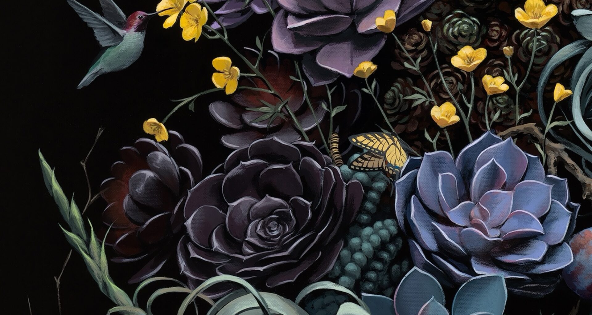A detail of a hyperrealistic, detailed still life painting of florals, succulents, and birds