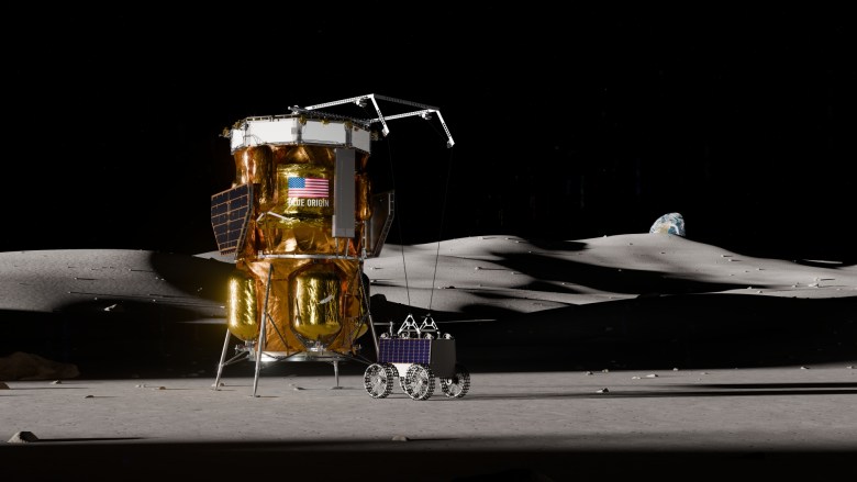 Artist’s rendering of Blue Origin’s Blue Moon Mark 1 lunar lander. Blue Origin was selected to deliver lunar terrain vehicles to the lunar surface.