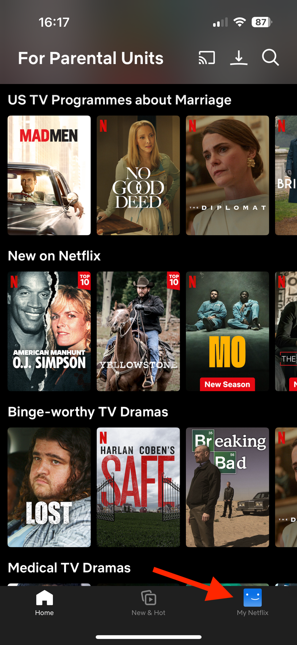 My Netflix tab in Netflix app on iPhone.