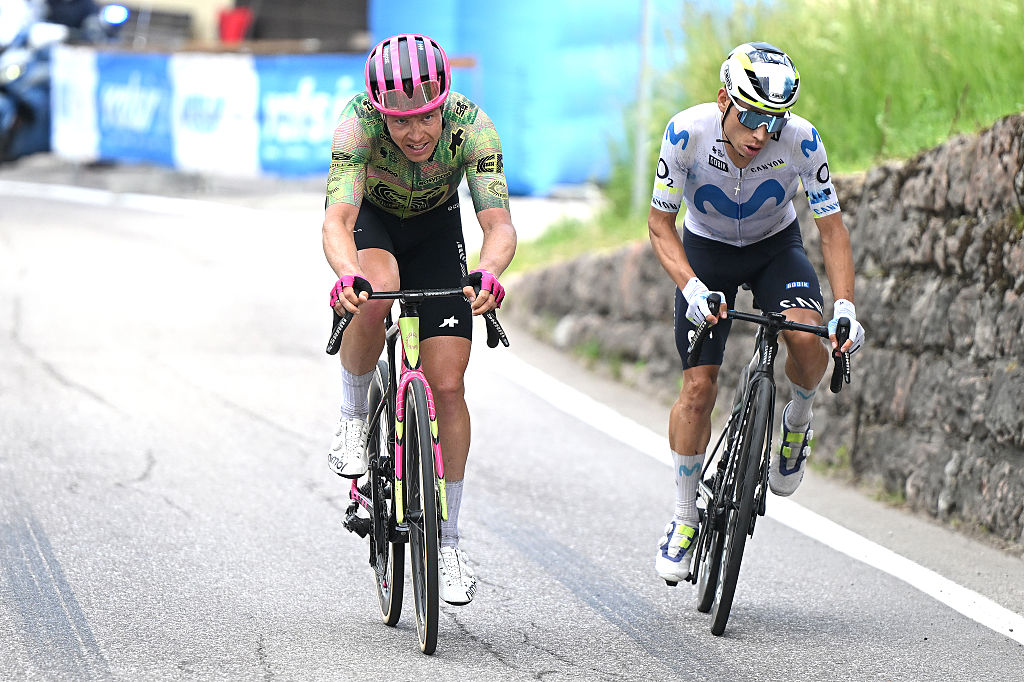 ANDALO, ITALY - MAY 27: (L-R) Michael Valgren of Denmark and Team EF Education - EasyPost and Einer Rubio of Colombia and Team Movistar attack in the breakaway during the 109th Giro d&amp;apos;Italia 2026, Stage 17 a 202km stage from Cassano d&amp;apos;Adda to Andalo 1012m / #UCIWT / on May 27, 2026 in Andalo Valtellino, Italy. (Photo by Dario Belingheri/Getty Images)
