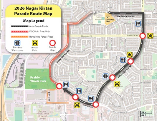 A map of the Nagar Kirtan parade in northeast Calgary that takes place on Saturday, May 9, 2026